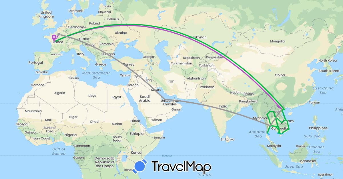 TravelMap itinerary: bus, plane, train, boat, motorbike in France, Cambodia, Laos, Qatar, Thailand, Vietnam (Asia, Europe)